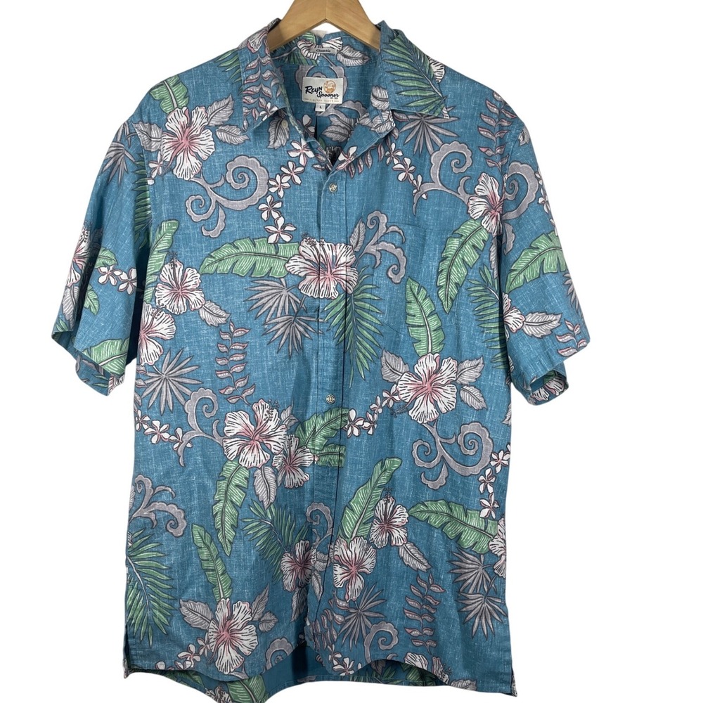 Reyn Spooner Mens Large Classic Fit Blue Floral Hibiscus Aloha Shirt Limited